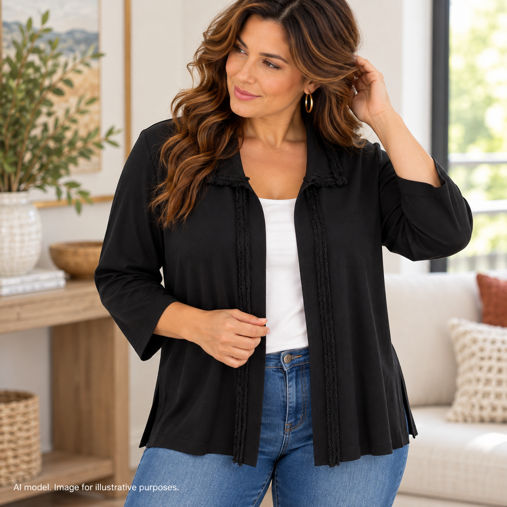 Misook Jacket Womens Medium Black Lux Collared Textured Trim Minimalist Cardigan